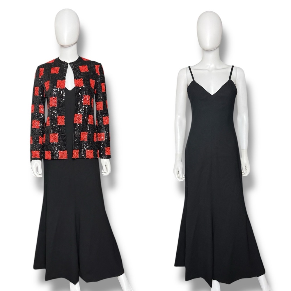 1970s Mollie Parnis Red and Black Checkered Jacket with Black Dress